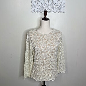 COLDWATER CREEK Women's MEDIUM Lace BLOUSE Top 3/4 Sleeves IVORY Made in USA
